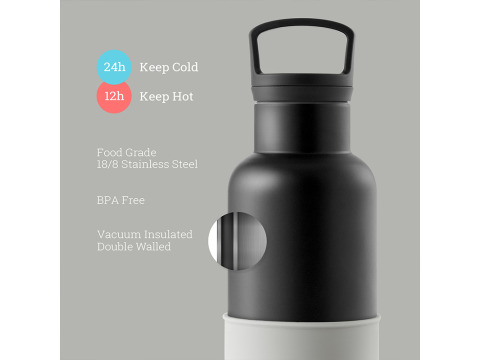 【美國HYDY】時尚保溫水瓶-黑瓶+雲灰矽膠套 590ML