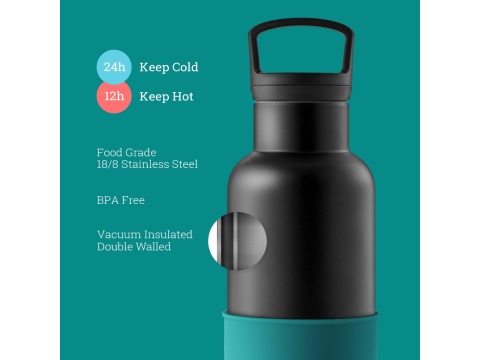 【美國HYDY】時尚保溫水瓶-黑瓶+深青矽膠套 590ML