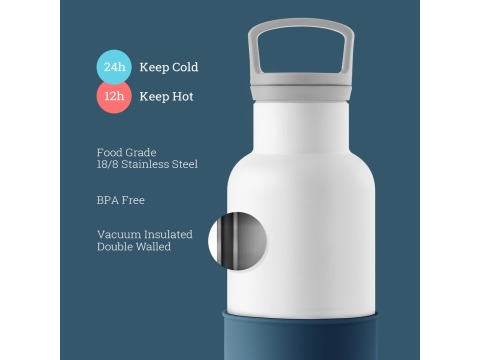 【美國HYDY】時尚保溫水瓶-白瓶+海軍藍矽膠套 590ML