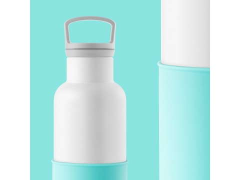 【美國HYDY】時尚保溫水瓶-白瓶+北極藍矽膠套 590ML