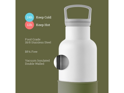 【美國HYDY】時尚保溫水瓶-白瓶+海藻綠矽膠套 590ML