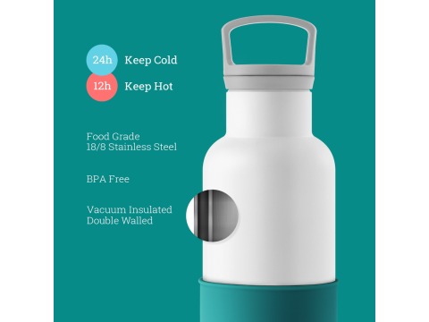 【美國HYDY】時尚保溫水瓶-白瓶+深青矽膠套 590ML